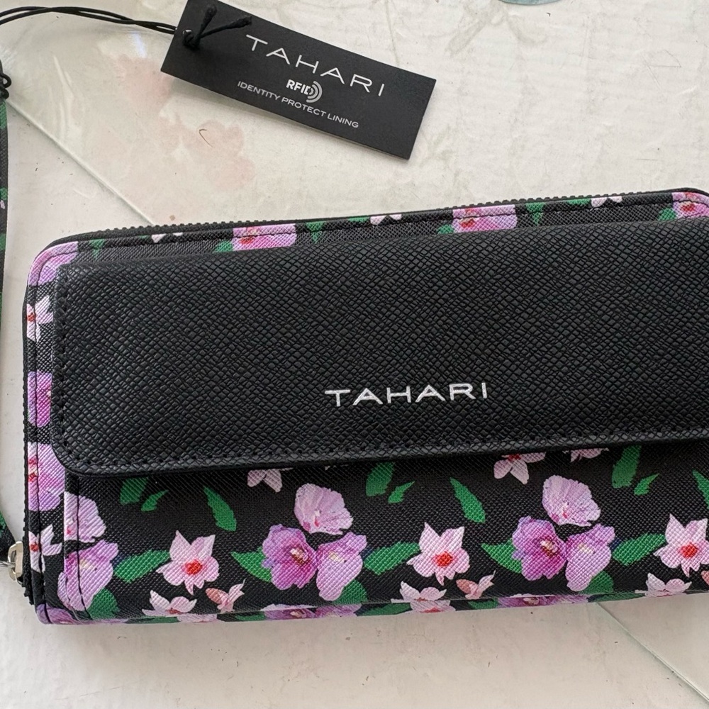 Tahari Black Floral Wallet with wristband Pink Blossoms and RFID protection